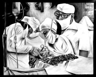 S/W Foto Gemälde Operation Kaiserschnittentbindung     